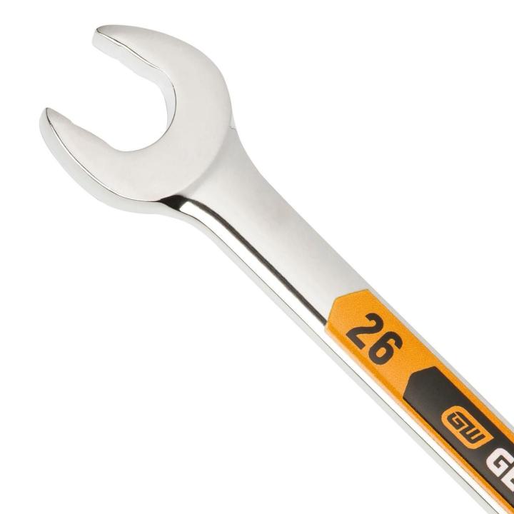 Up close image of the GEARWRENCH  26mm 12 Point Hi-Viz Long Pattern Combination Wrench showcasing the bold, large high-visibility color size markings for quick identification.