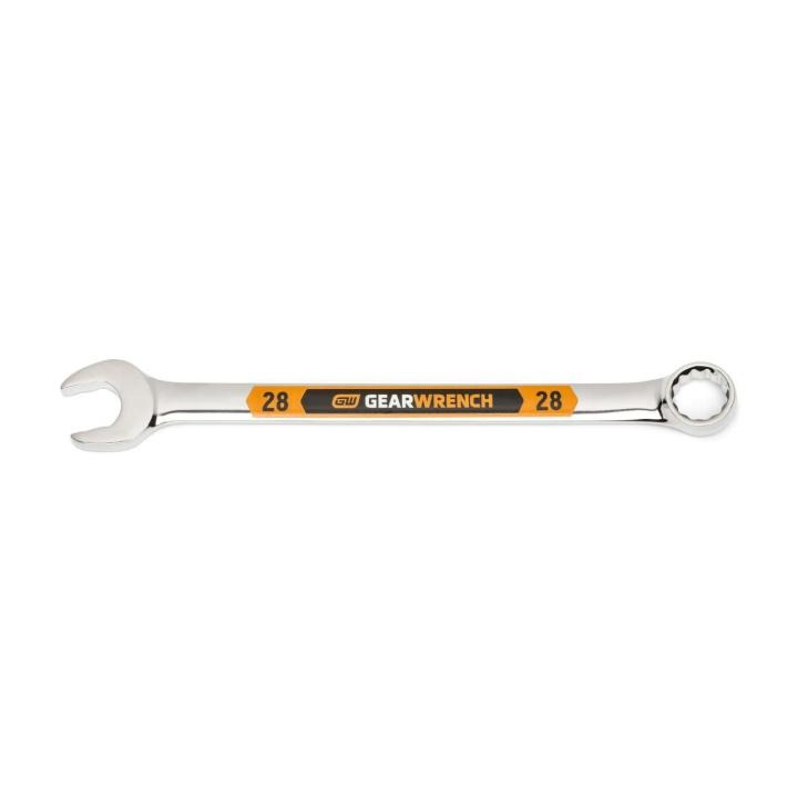 Image of the GEARWRENCH  28mm 12 Point Hi-Viz Long Pattern Combination Wrench with the open end towards the left and the closed end towards the right showcasing the bold, large high-visibility color size markings for quick identification.