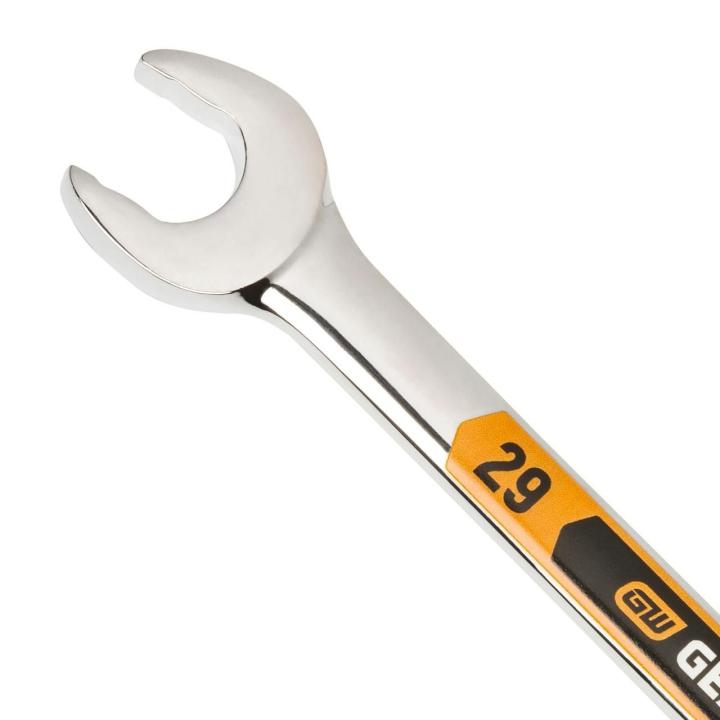 Up close image of the GEARWRENCH  29mm 12 Point Hi-Viz Long Pattern Combination Wrench showcasing the bold, large high-visibility color size markings for quick identification.