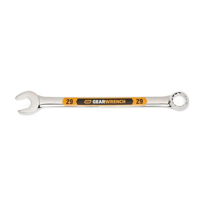 Image of the GEARWRENCH  29mm 12 Point Hi-Viz Long Pattern Combination Wrench with the open end towards the left and the closed end towards the right showcasing the bold, large high-visibility color size markings for quick identification.