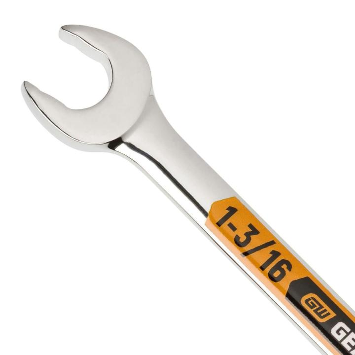 Up close image of the GEARWRENCH  1-3/16 12 Point Hi-Viz Long Pattern Combination Wrench showcasing the bold, large high-visibility color size markings for quick identification.