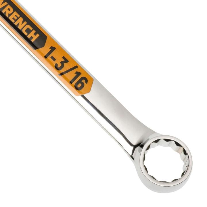 Up close image of the GEARWRENCH  1-3/16 12 Point Hi-Viz Long Pattern Combination Wrench showcasing the bold, large high-visibility color size markings for quick identification.