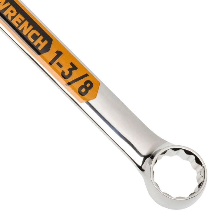 Up close image of the GEARWRENCH  1-3/8 12 Point Hi-Viz Long Pattern Combination Wrench showcasing the bold, large high-visibility color size markings for quick identification.
