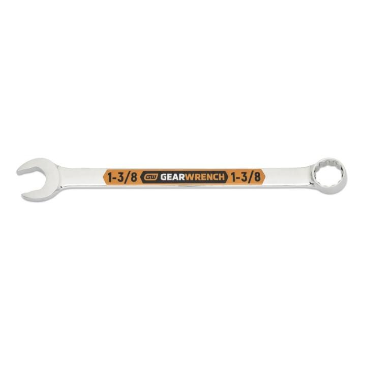 Image of the GEARWRENCH  1-3/8 12 Point Hi-Viz Long Pattern Combination Wrench with the open end towards the left and the closed end towards the right showcasing the bold, large high-visibility color size markings for quick identification.