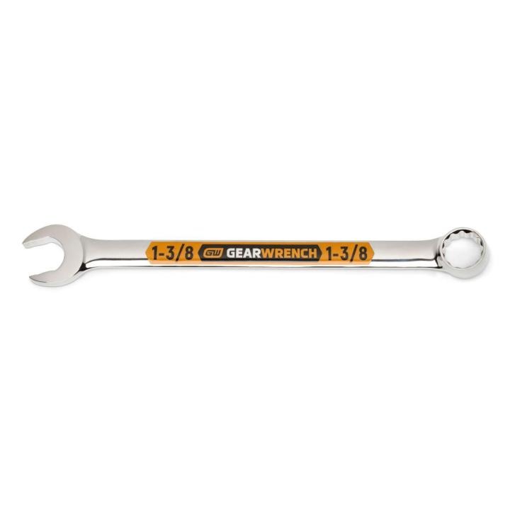 Image of the GEARWRENCH  1-3/8 12 Point Hi-Viz Long Pattern Combination Wrench with the open end towards the left and the closed end towards the right showcasing the bold, large high-visibility color size markings for quick identification.