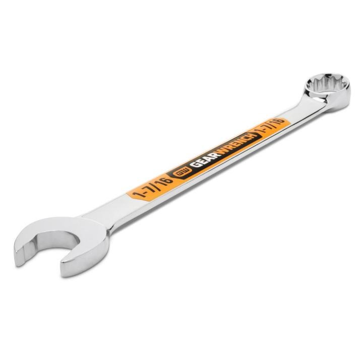 Image of the GEARWRENCH 1-7/16 12 Point Hi-Viz Long Pattern Combination Wrench with the open end towards the bottom left and the closed end towards the upper right side