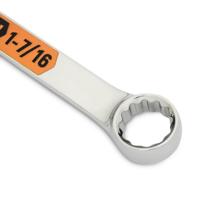 Up close image of the GEARWRENCH  1-7/16 12 Point Hi-Viz Long Pattern Combination Wrench showcasing the bold, large high-visibility color size markings for quick identification.