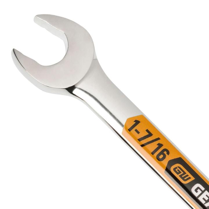Up close image of the GEARWRENCH  1-7/16 12 Point Hi-Viz Long Pattern Combination Wrench showcasing the bold, large high-visibility color size markings for quick identification.