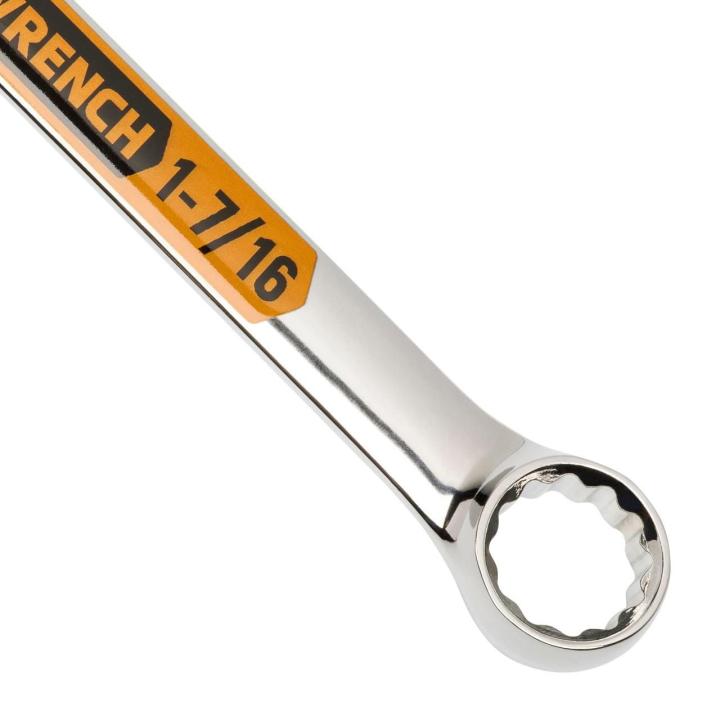 Up close image of the GEARWRENCH  1-7/16 12 Point Hi-Viz Long Pattern Combination Wrench showcasing the bold, large high-visibility color size markings for quick identification.
