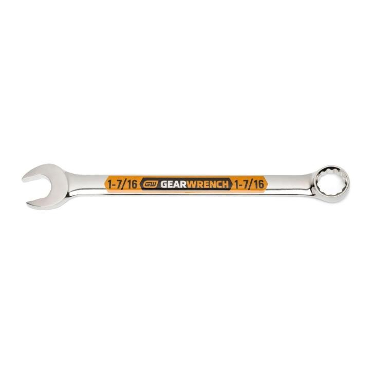 Image of the GEARWRENCH  1-7/16 12 Point Hi-Viz Long Pattern Combination Wrench with the open end towards the left and the closed end towards the right showcasing the bold, large high-visibility color size markings for quick identification.