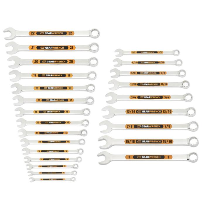 Image of the GEARWRENCH  24 Piece 12 Point SAE/Metric Hi-Viz Long Pattern Combination Wrench Set  showing all the pieces in the set on a white background.