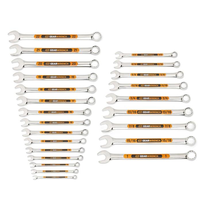Image of the GEARWRENCH  24 Piece 12 Point SAE/Metric Hi-Viz Long Pattern Combination Wrench Set  showing all the pieces in the set on a white background.