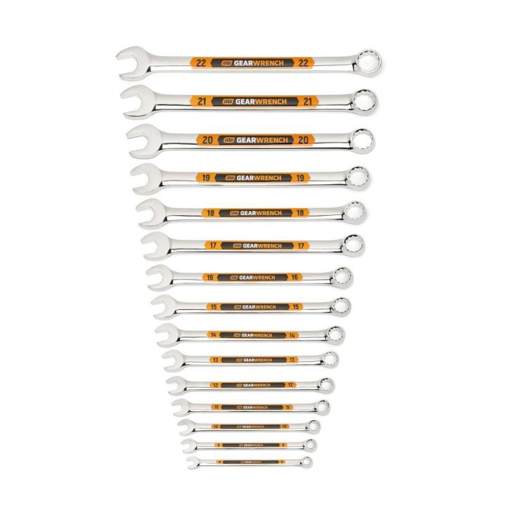 Image of the GEARWRENCH  15 Piece 12 Point Metric Hi-Viz Long Pattern Combination Wrench Set  showing all the pieces in the set on a white background.