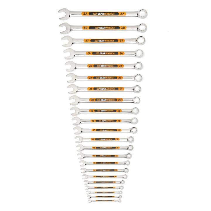 Image of the GEARWRENCH  22 Piece 12 Point Metric Hi-Viz Long Pattern Combination Wrench Set  showing all the pieces in the set on a white background.