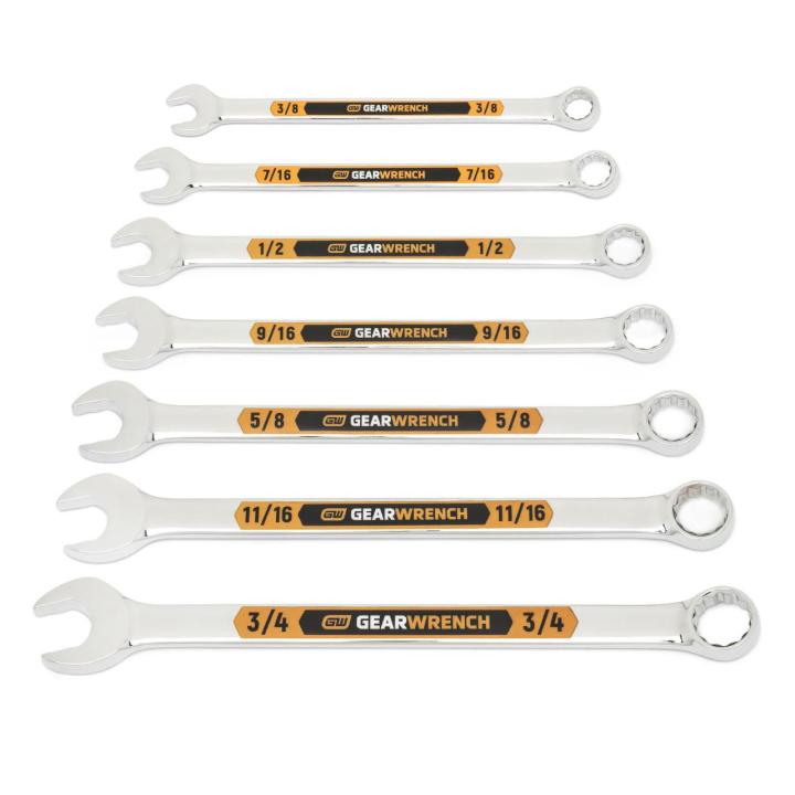 Image of the GEARWRENCH  7 Piece 12 Point SAE Hi-Viz Long Pattern Combination Wrench Set with Tool Roll  showing all the pieces in the set on a white background.