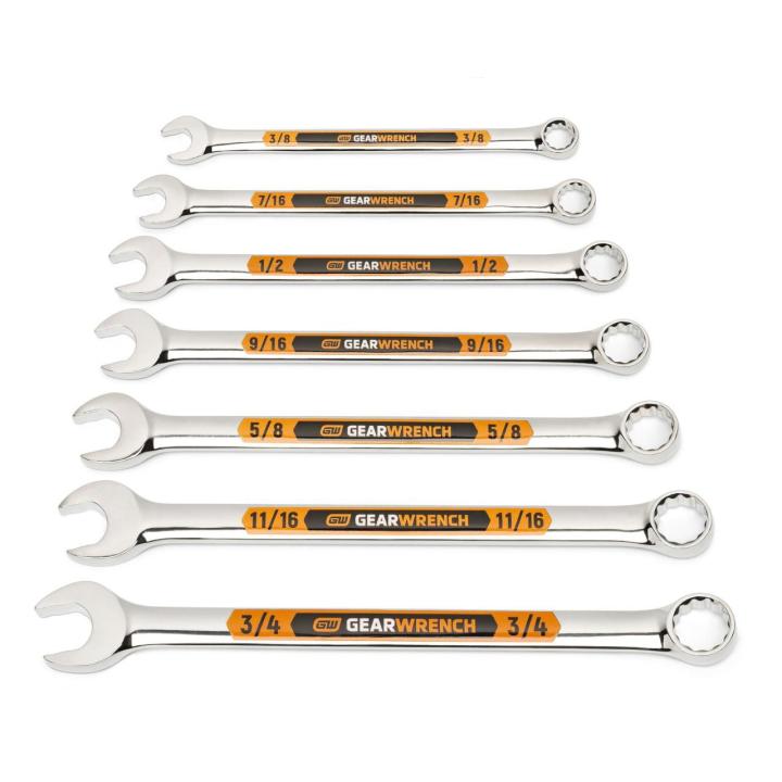 Image of the GEARWRENCH  7 Piece 12 Point SAE Hi-Viz Long Pattern Combination Wrench Set with Tool Roll  showing all the pieces in the set on a white background.