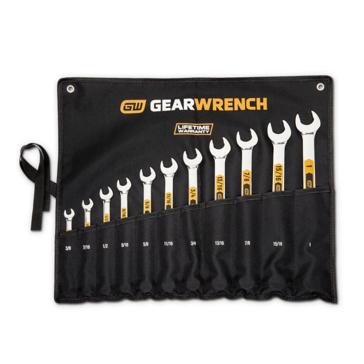 Image of the GEARWRENCH  11 Piece 12 Point SAE Hi-Viz Long Pattern Combination Wrench Set with Tool Roll  showing all the pieces in the set in a black tool roll on a white background.