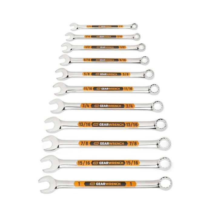 Image of the GEARWRENCH  11 Piece 12 Point SAE Hi-Viz Long Pattern Combination Wrench Set with Tool Roll  showing all the pieces in the set on a white background.