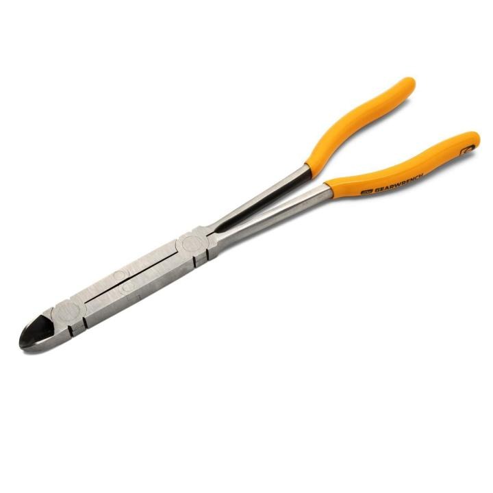 Image of the GEARWRENCH 82004D showing the orang/molten colored handle towards the right side and the closed jaws toward the lower left side.