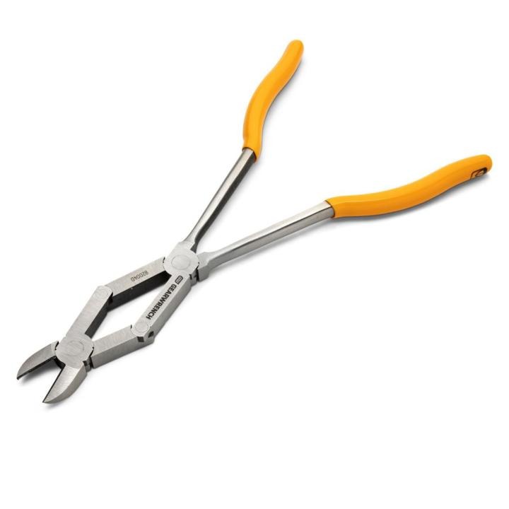 Image of the GEARWRENCH 82004D showing the orang/molten colored handle towards the right side and the open jaws toward the lower left side.