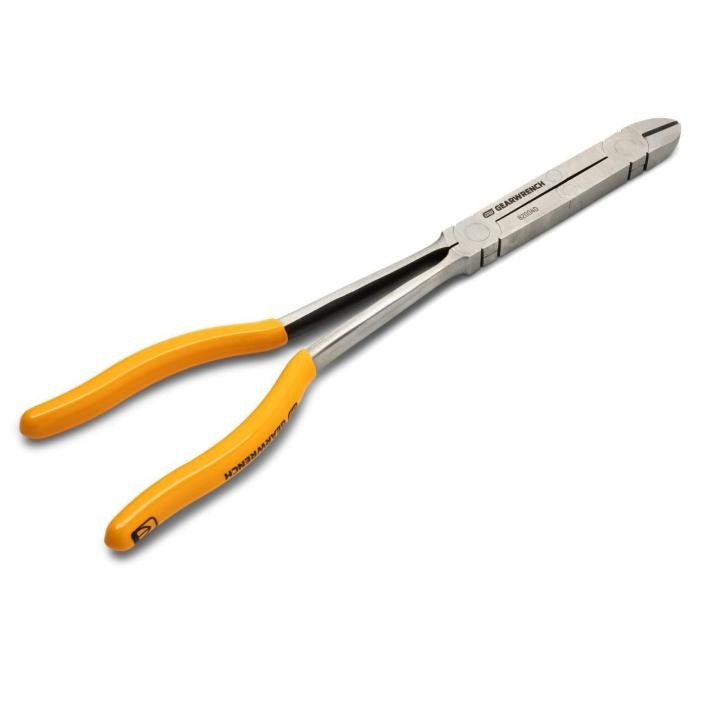 Image of the GEARWRENCH 82004D showing the orang/molten colored handle towards the left side and the jaws towards the upper right side of the images