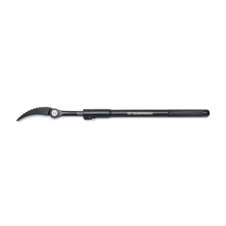 The image shows a black GEARWRENCH extendable indexing pry bar featuring a curved, serrated end for enhanced leverage and grip.