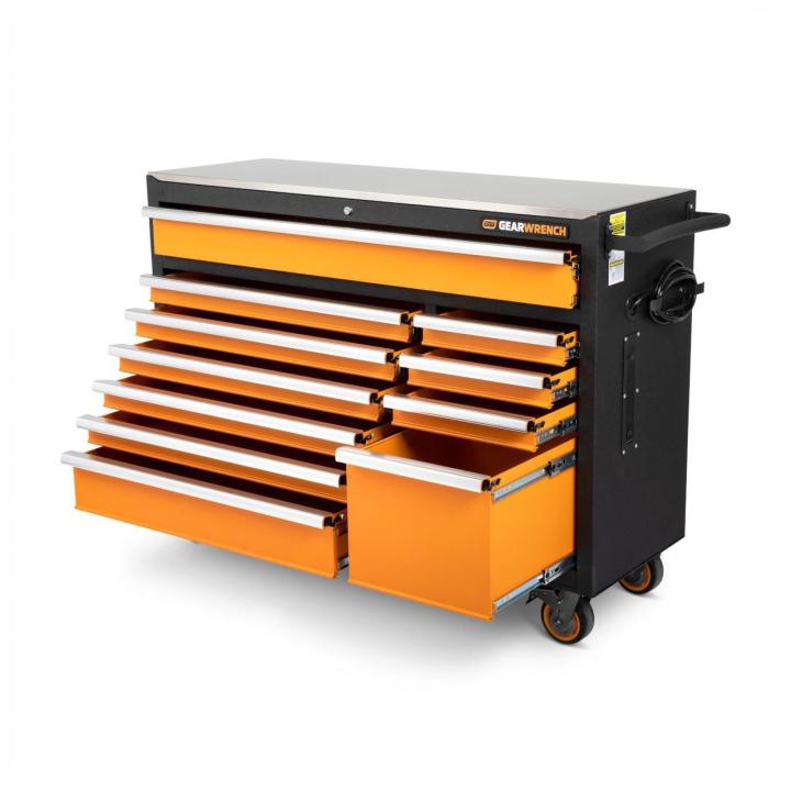 Image of the GEARWRENCH 83247 52" Rolling Tool Cabinet on an angled view with the drawers open