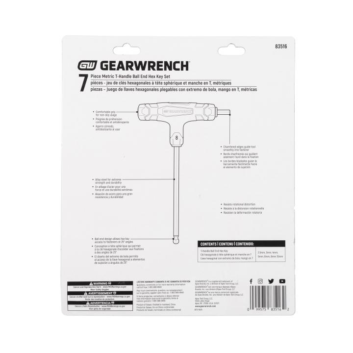 GEARWRENCH 7-Piece Metric T-Handle Ball End Hex Key Set - Alloy Steel, Comfort Grip For Max Torque