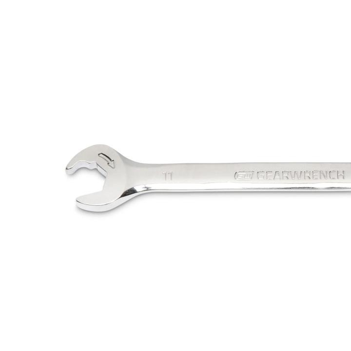Image of the GEARWRENCH  11mm 72-Tooth 12 Point Open End Ratcheting Combination Wrench showing a close up view of the open end