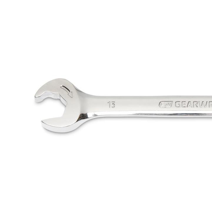 Image of the GEARWRENCH  13mm 72-Tooth 12 Point Open End Ratcheting Combination Wrench showing a close up view of the open end