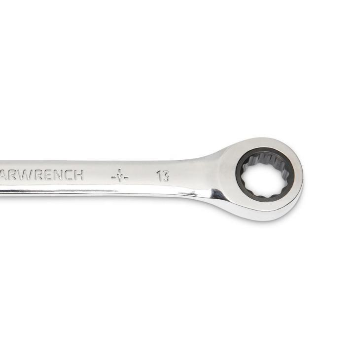 Image of the GEARWRENCH  13mm 72-Tooth 12 Point Open End Ratcheting Combination Wrench showing a close up view of the closed end