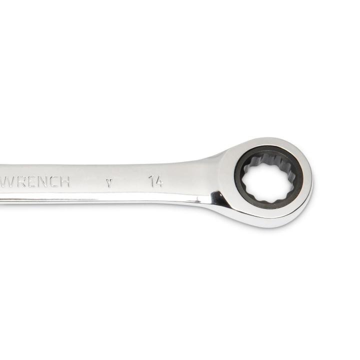 Image of the GEARWRENCH  14mm 72-Tooth 12 Point Open End Ratcheting Combination Wrench showing a close up view of the closed end