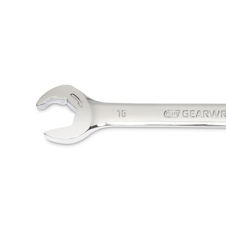 Image of the GEARWRENCH  16mm 72-Tooth 12 Point Open End Ratcheting Combination Wrench showing a close up view of the open end