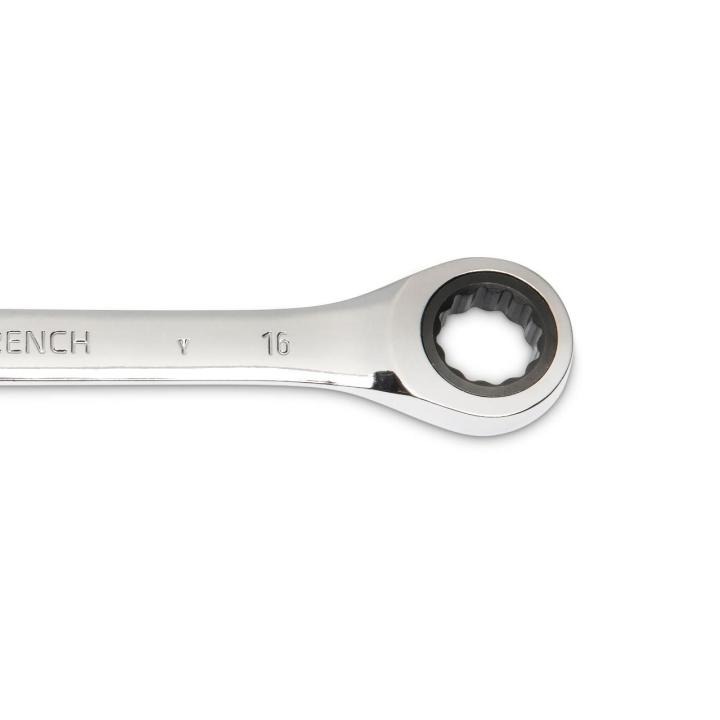 Image of the GEARWRENCH  16mm 72-Tooth 12 Point Open End Ratcheting Combination Wrench showing a close up view of the closed end