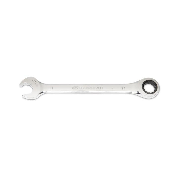 Image of the GEARWRENCH  17mm 72-Tooth 12 Point Open End Ratcheting Combination Wrench on a white background