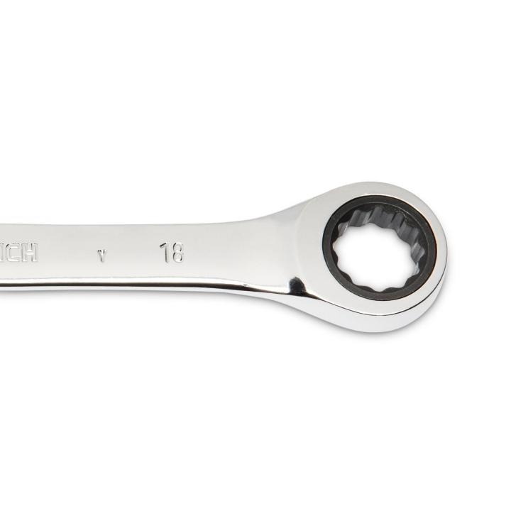 Image of the GEARWRENCH  18mm 72-Tooth 12 Point Open End Ratcheting Combination Wrench showing a close up view of the closed end