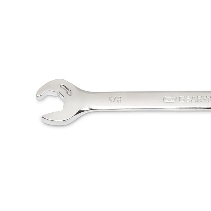 Image of the GEARWRENCH  3/8" 72-Tooth 12 Point Open End Ratcheting Combination Wrench showing a close up view of the open end