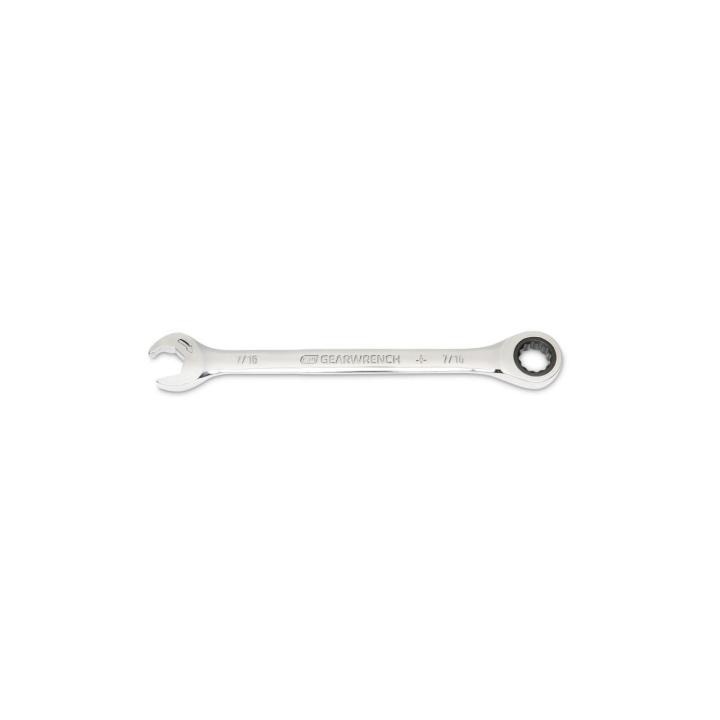 Image of the GEARWRENCH  7/16" 72-Tooth 12 Point Open End Ratcheting Combination Wrench on a white background