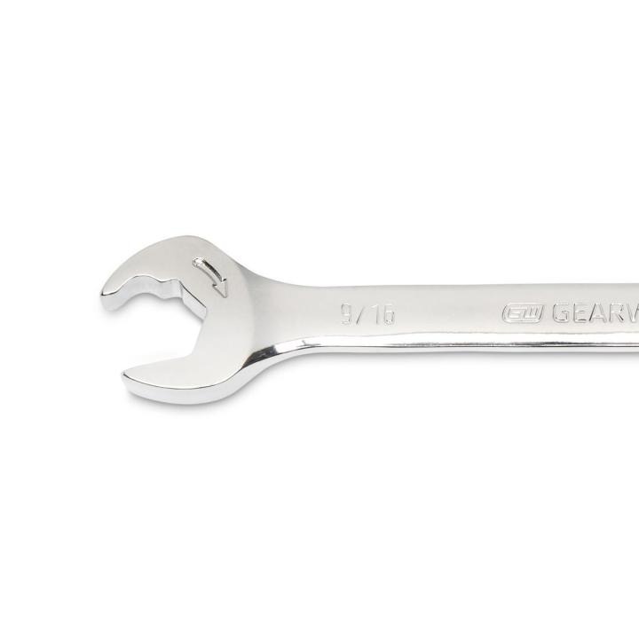 Image of the GEARWRENCH  9/16" 72-Tooth 12 Point Open End Ratcheting Combination Wrench showing a close up view of the open end