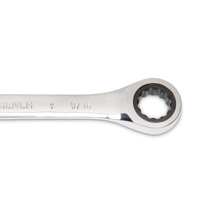Image of the GEARWRENCH  9/16" 72-Tooth 12 Point Open End Ratcheting Combination Wrench showing a close up view of the closed end