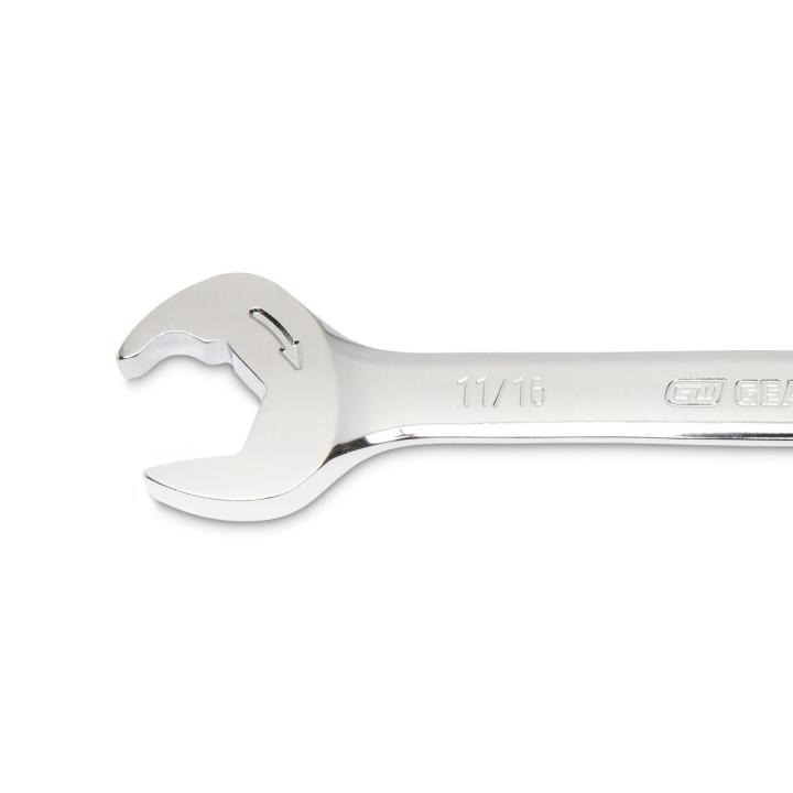 Image of the GEARWRENCH  11/16" 72-Tooth 12 Point Open End Ratcheting Combination Wrench showing a close up view of the open end