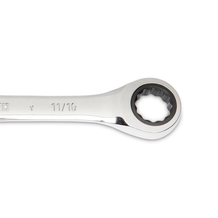 Image of the GEARWRENCH  11/16" 72-Tooth 12 Point Open End Ratcheting Combination Wrench showing a close up view of the closed end