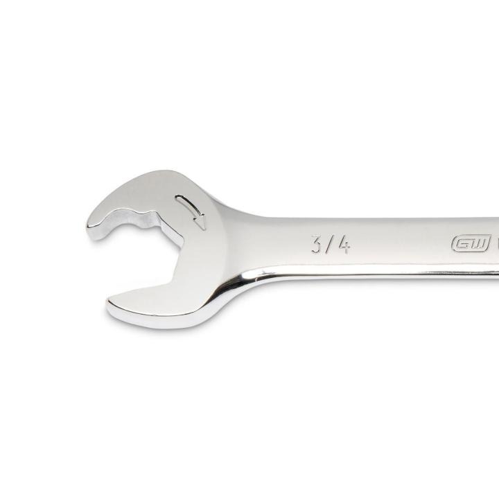 Image of the GEARWRENCH  3/4" 72-Tooth 12 Point Open End Ratcheting Combination Wrench showing a close up view of the open end