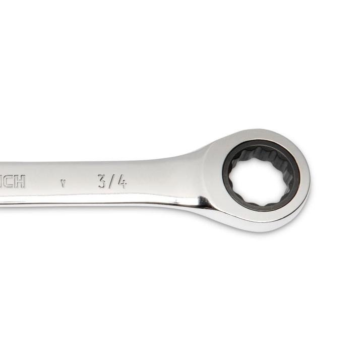 Image of the GEARWRENCH  3/4" 72-Tooth 12 Point Open End Ratcheting Combination Wrench showing a close up view of the closed end