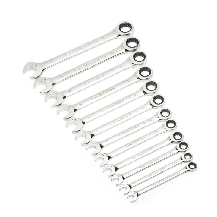 Image of the GEARWRENCH  12 Piece 72-Tooth 12 Point Open End Ratcheting Metric Wrench Set showing all pieces in the set on a angled view