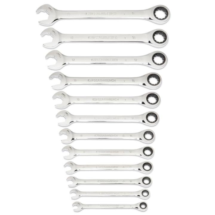 Image of the GEARWRENCH  12 Piece 72-Tooth 12 Point Open End Ratcheting Metric Wrench Set on a white background