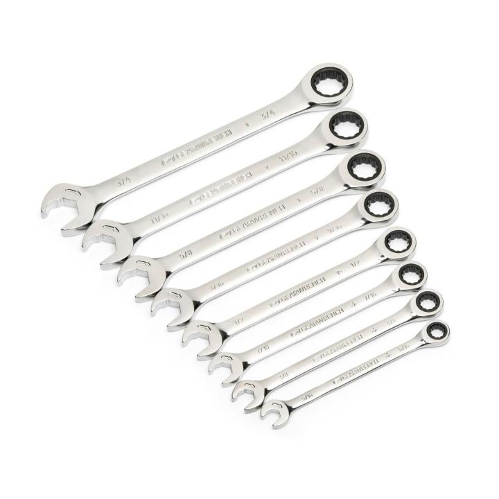 Image of the GEARWRENCH  8 Piece 72-Tooth 12 Point Open End Ratcheting Combination SAE Wrench Set showing all pieces in the set on a angled view