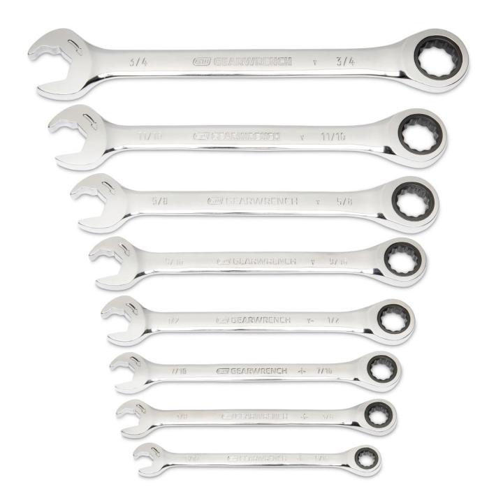 Image of the GEARWRENCH  8 Piece 72-Tooth 12 Point Open End Ratcheting Combination SAE Wrench Set on a white background