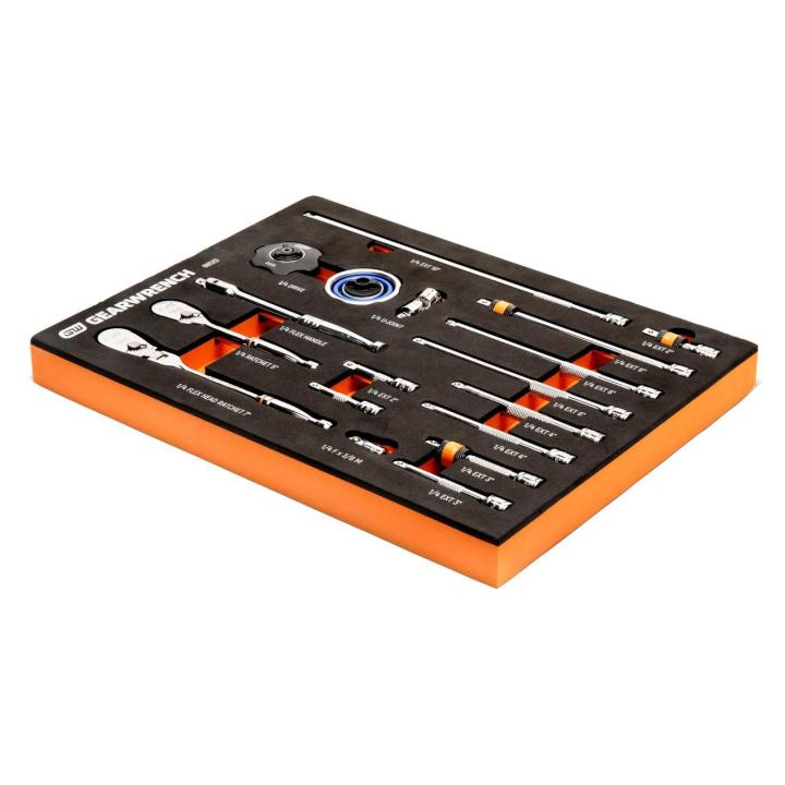 Angled view of an 18-piece GEARWRENCH 1/4-inch ratchet and drive tool set, with chrome ratchets, extensions and adapters organized in a black-and-orange foam tray.