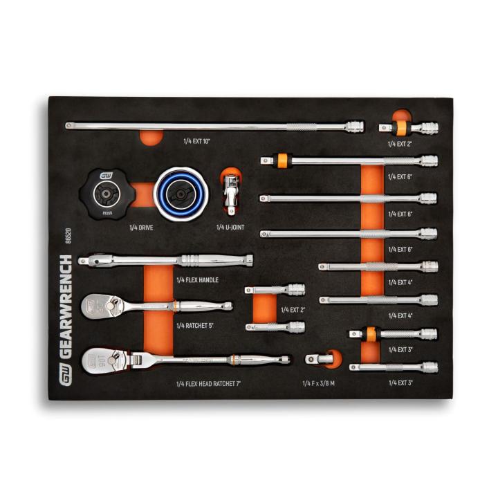 Top view of an 18-piece GEARWRENCH 1/4-inch ratchet and drive tool set. Chrome ratchets, extensions and adapters are labeled and arranged in a black foam tray with orange cutouts.
